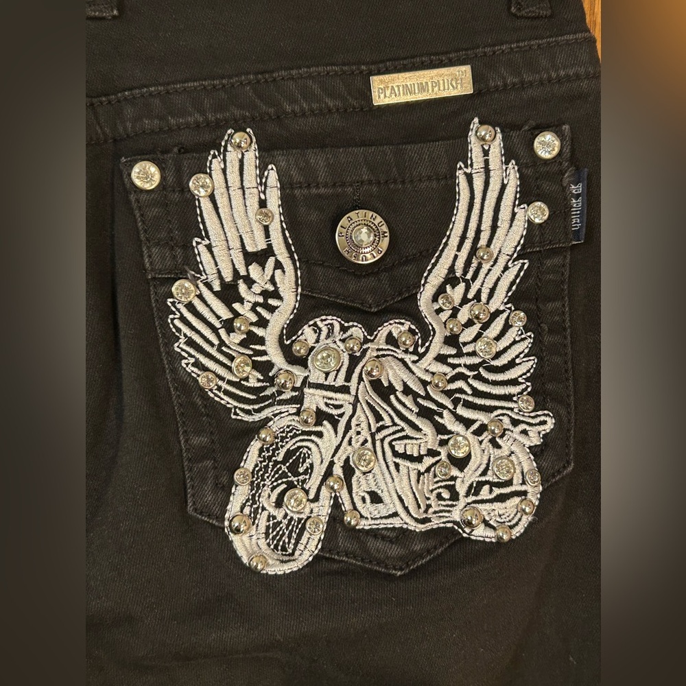 Platinum Plush Rhinestone Embellished Studded Black Biker Angel Jeans - Picture 8 of 10